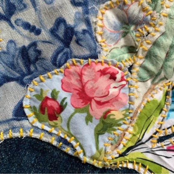 Custom Denim Jacket Floral Applique Small Handmade Art to Wear OOAK Cottage - Picture 4 of 4